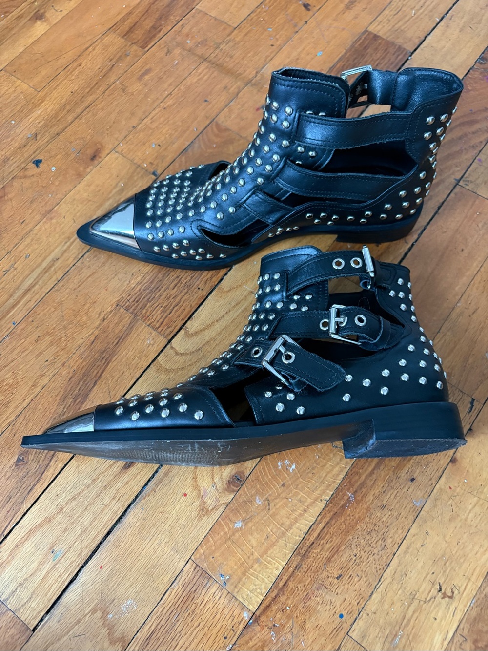 Studded Black Leather Pointed Toe Buckle Boots - Picture 3 of 6